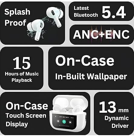 Airpods Pro 2+ (2nd Generation), ANC/ENC with LED Touch Screen Display Bluetooth, Splash Proof